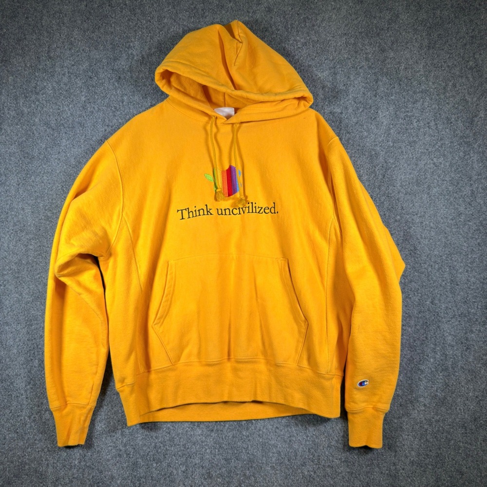 Think Uncivilized Apple Champion Reverse Weave Hoodie Sweatshirt Yellow L EUC